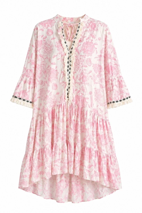 Sukienka damska różowa boho kwiaty Made in Italy 100% bawełna lekka Uni