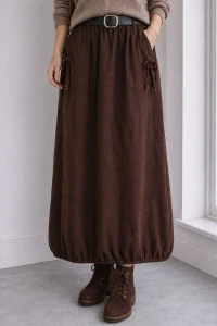Spódnica damska czekoladowa sztruksowa kieszenie pasek Italy One Size  