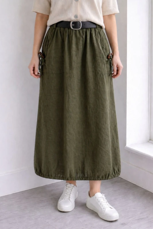 Spódnica damska khaki sztruksowa kieszenie pasek Italy One Size