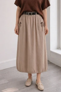 Spódnica damska beżowa sztruksowa kieszenie pasek Italy One Size 