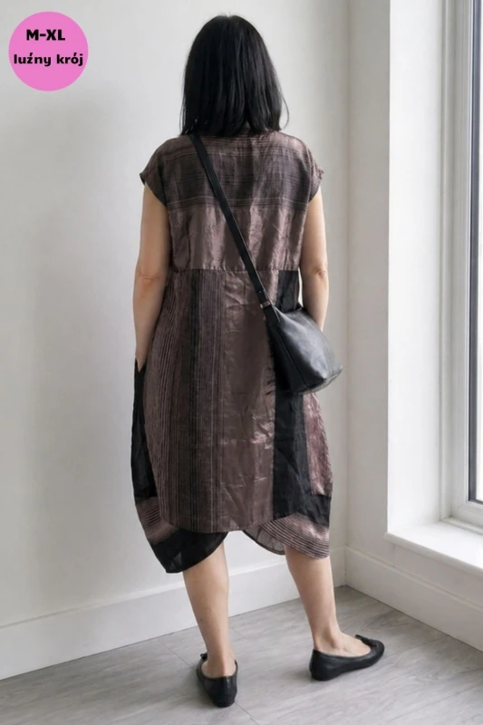 Sukienka damska oversize połysk czarno-różowa luźna artystyczna duży rozmiar