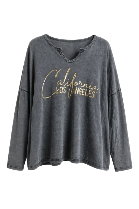 Bluzka damska grafitowa (efekt sprania / vintage) z nadrukiem bawełna Made in Italy Uni