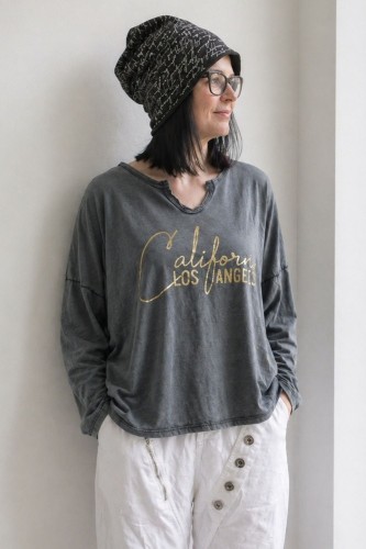 Bluzka damska grafitowa (efekt sprania / vintage) z nadrukiem bawełna Made in Italy Uni