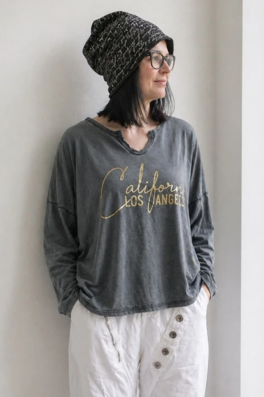 Bluzka damska grafitowa (efekt sprania / vintage) z nadrukiem bawełna Made in Italy Uni