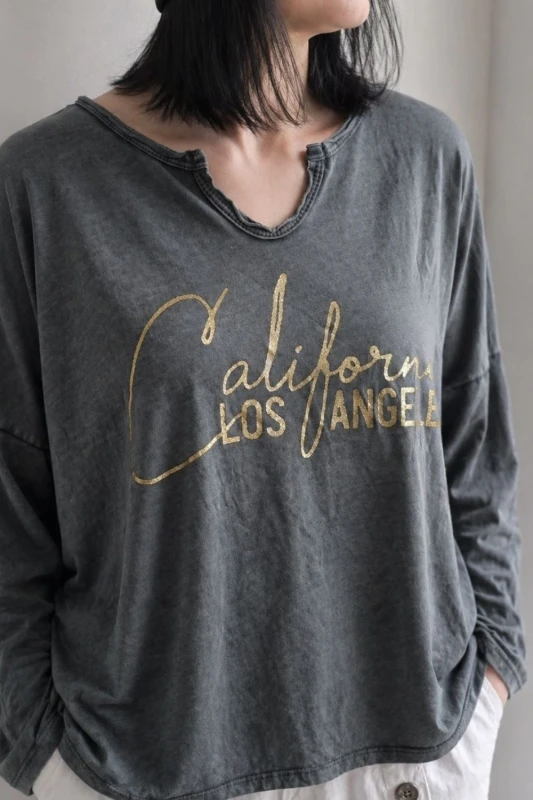 Bluzka damska grafitowa (efekt sprania / vintage) z nadrukiem bawełna Made in Italy Uni