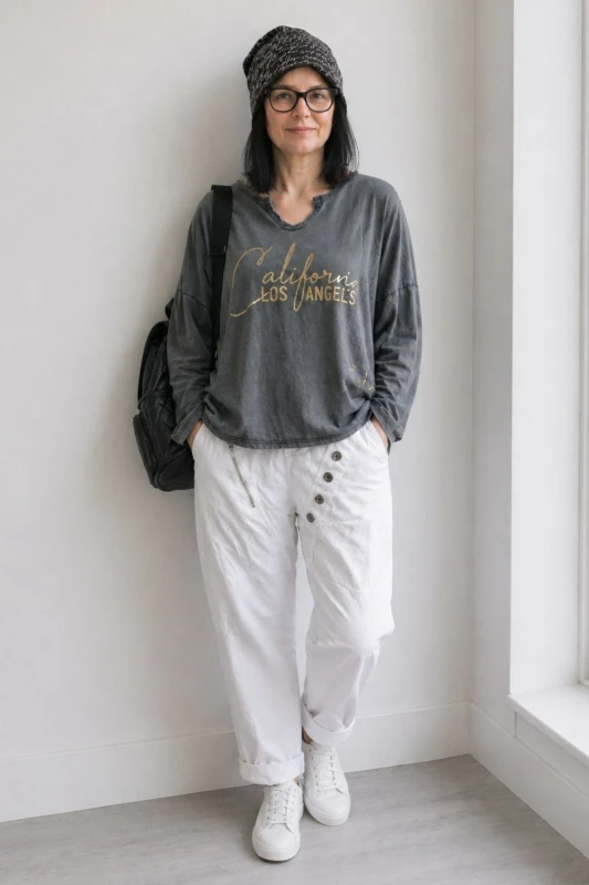 Bluzka damska grafitowa (efekt sprania / vintage) z nadrukiem bawełna Made in Italy Uni