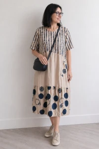 Sukienka damska beżowa granatowy print luźna kieszeń Italy Duży Rozmiar 