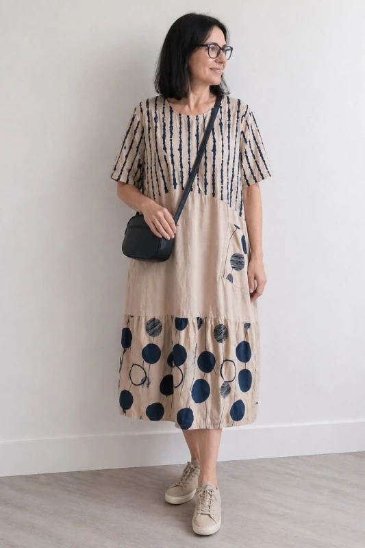 Sukienka damska beżowa granatowy print luźna kieszeń Italy Duży Rozmiar