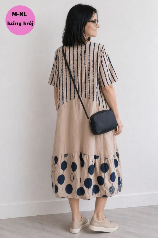 Sukienka damska beżowa granatowy print luźna kieszeń Italy Duży Rozmiar