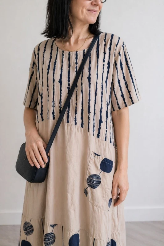 Sukienka damska beżowa granatowy print luźna kieszeń Italy Duży Rozmiar
