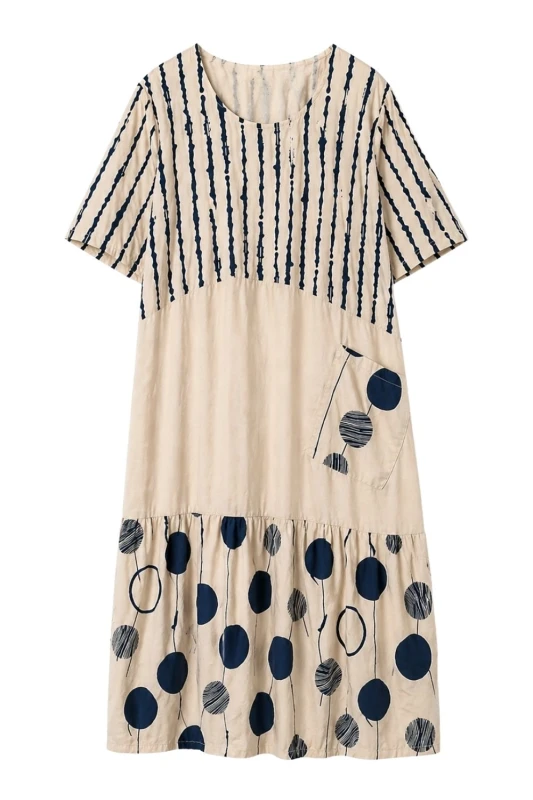 Sukienka damska beżowa granatowy print luźna kieszeń Italy Duży Rozmiar