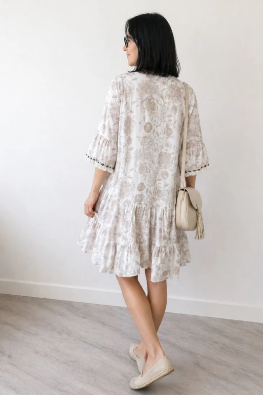 Sukienka damska beżowa boho kwiaty Made in Italy 100% bawełna lekka Uni