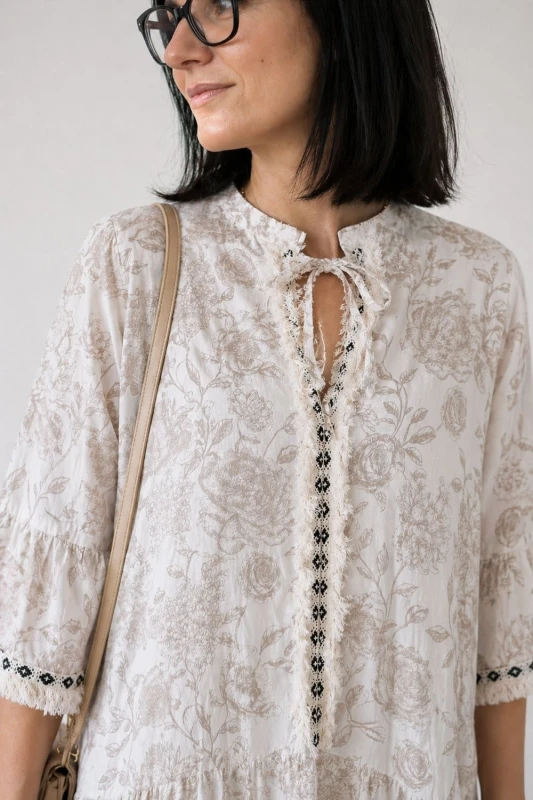 Sukienka damska beżowa boho kwiaty Made in Italy 100% bawełna lekka Uni