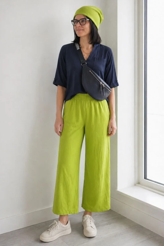 Spodnie damskie szerokie limonkowe – lekkie, gumka w pasie Uni
