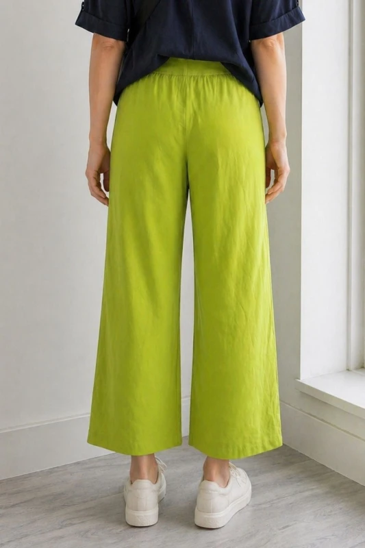 Spodnie damskie szerokie limonkowe – lekkie, gumka w pasie Uni