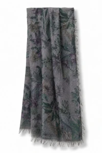 Szal damski włoski kwiatowy SZARY lekki elegancki apaszka premium