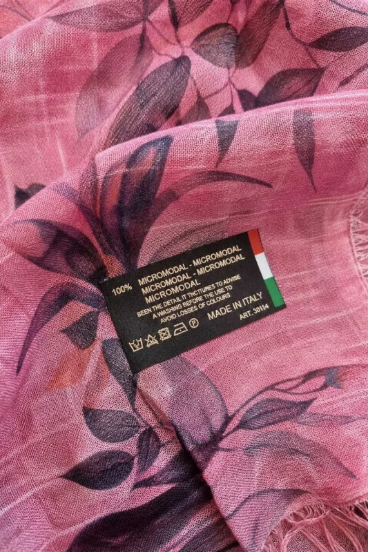 Szal damski włoski kwiatowy RÓŻOWY lekki elegancki apaszka premium