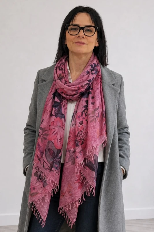Szal damski włoski kwiatowy RÓŻOWY lekki elegancki apaszka premium