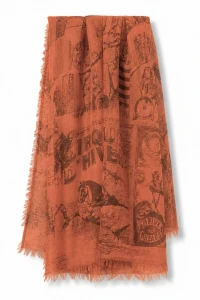 Szal damski pomarańczowy lekki apaszka vintage print elegancki