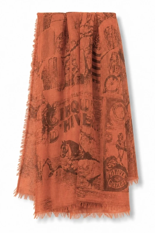 Szal damski pomarańczowy lekki apaszka vintage print elegancki
