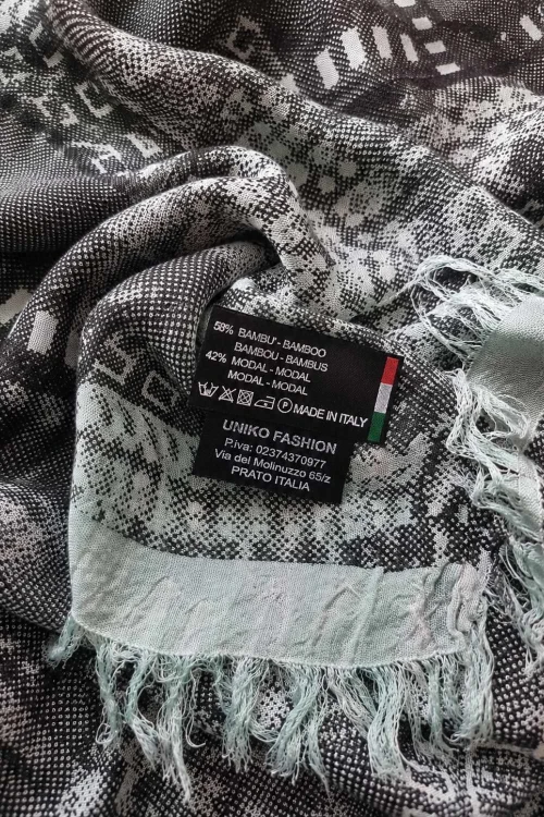 Szal damski włoski miętowy szary wzór bambus modal lekka apaszka