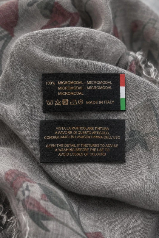 Szal damski włoski szary w kwiaty elegancka lekka apaszka premium