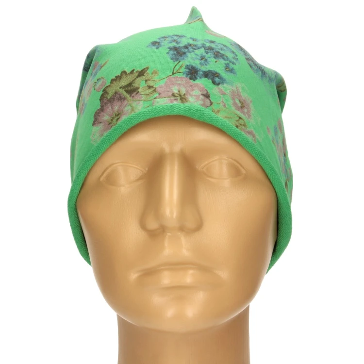 Czapka damska Beanie włoska cienka smerfetka zielona w kwiaty