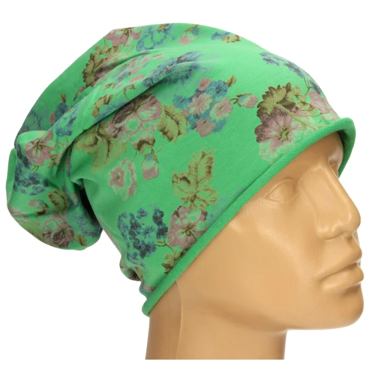 Czapka damska Beanie włoska cienka smerfetka zielona w kwiaty