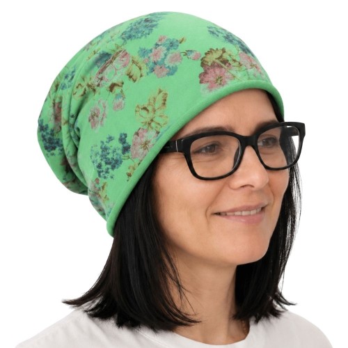 Czapka damska Beanie włoska cienka smerfetka zielona w kwiaty