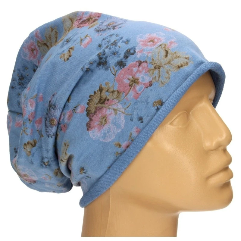 Czapka damska Beanie włoska cienka smerfetka niebieska w kwiaty