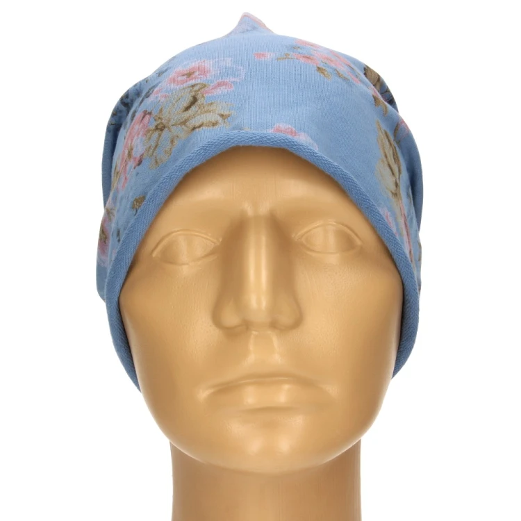 Czapka damska Beanie włoska cienka smerfetka niebieska w kwiaty