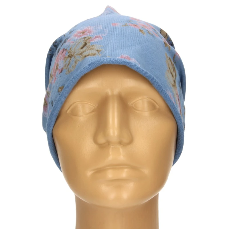 Czapka damska Beanie włoska cienka smerfetka niebieska w kwiaty