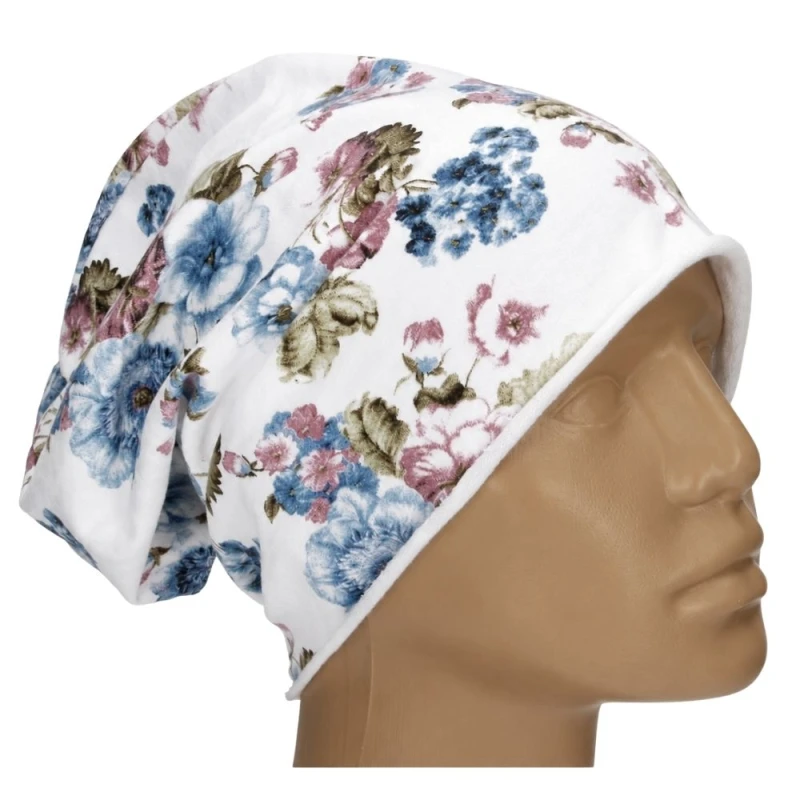 Czapka damska Beanie włoska cienka smerfetka biała w kwiaty