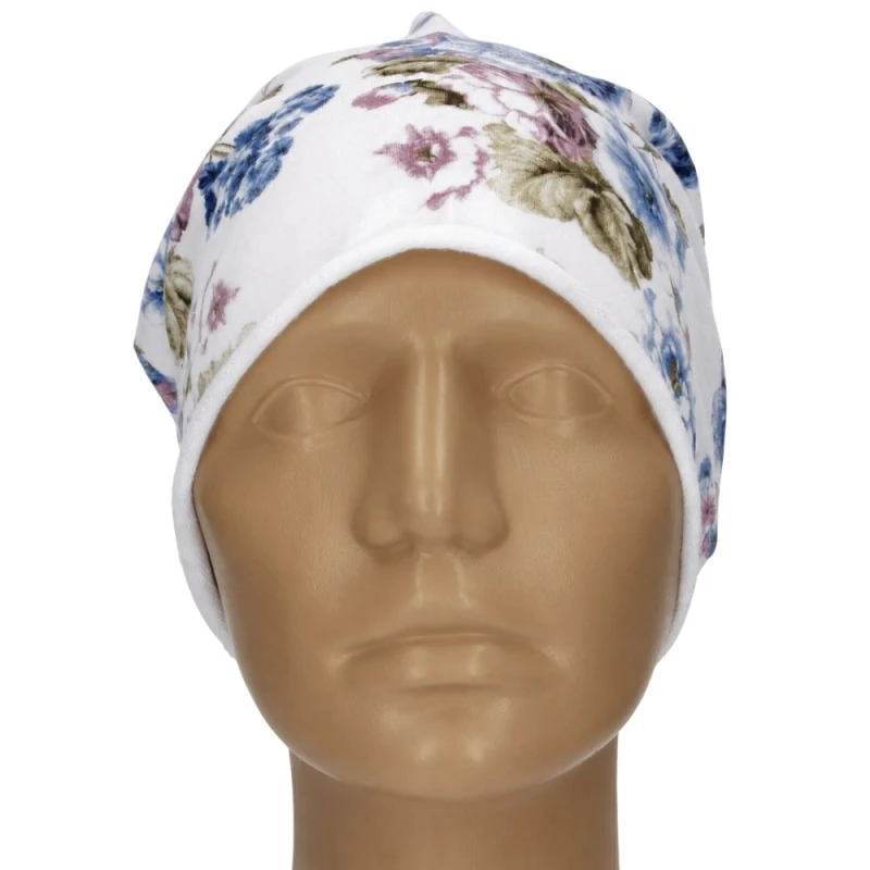 Czapka damska Beanie włoska cienka smerfetka biała w kwiaty