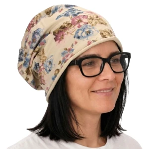 Czapka damska Beanie włoska cienka smerfetka beżowa w kwiaty   