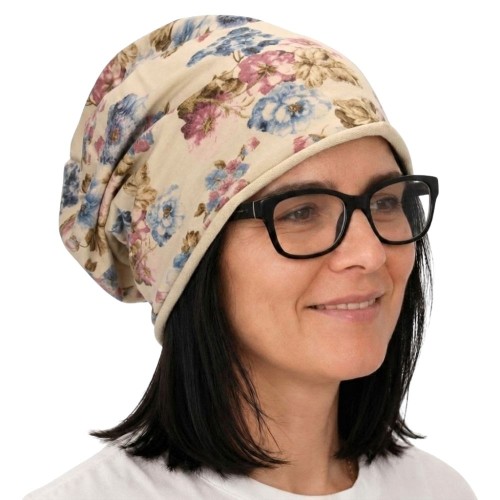 Czapka damska Beanie włoska cienka smerfetka beżowa w kwiaty