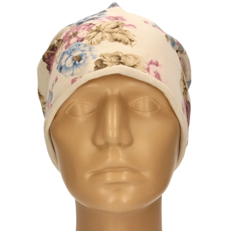 Czapka damska Beanie włoska cienka smerfetka beżowa w kwiaty