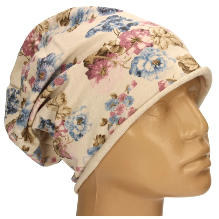 Czapka damska Beanie włoska cienka smerfetka beżowa w kwiaty