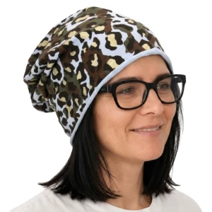 Czapka damska Beanie włoska cienka smerfetka niebieska moro panterka