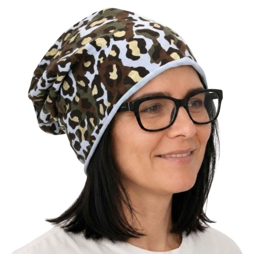 Czapka damska Beanie włoska cienka smerfetka niebieska moro panterka