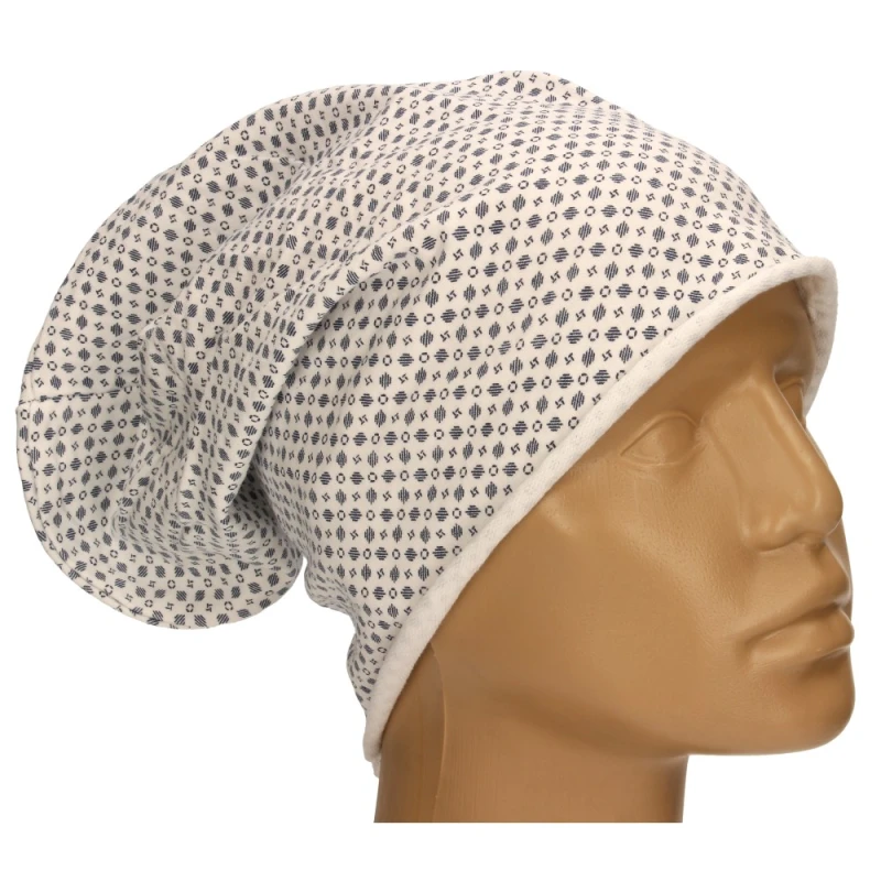 Czapka damska Beanie włoska cienka smerfetka biała w granatowy wzór