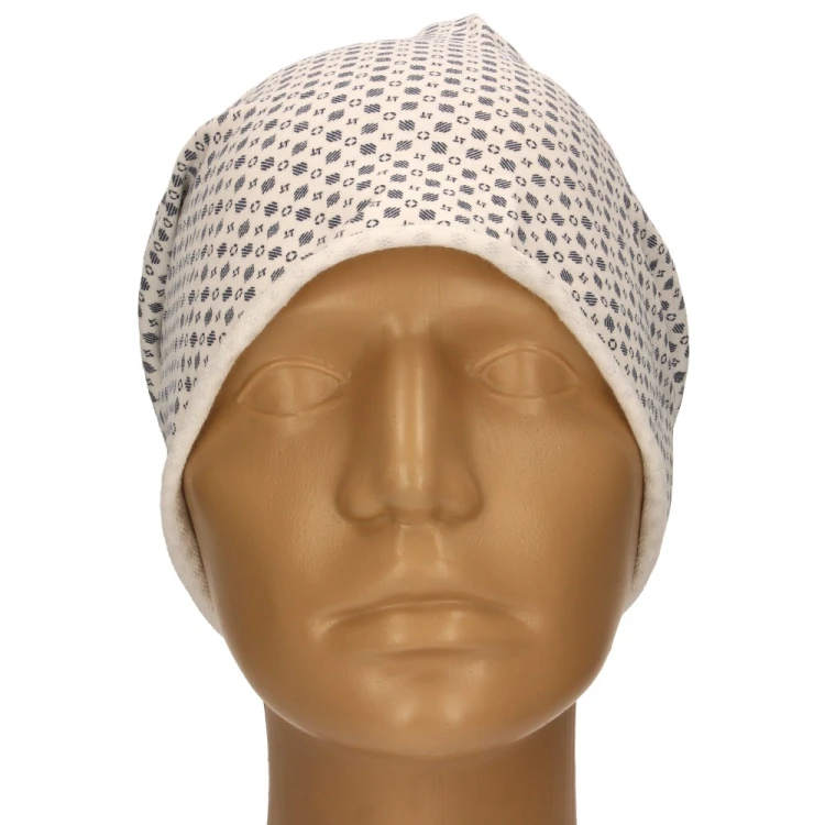 Czapka damska Beanie włoska cienka smerfetka biała w granatowy wzór