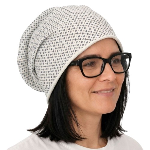 Czapka damska Beanie włoska cienka smerfetka biała w granatowy wzór