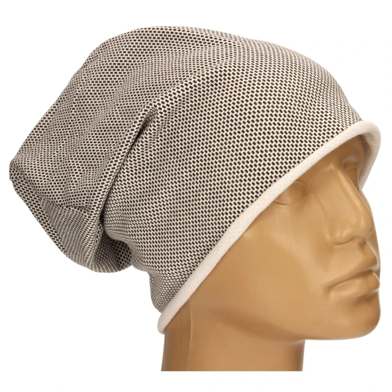 Czapka damska Beanie włoska cienka smerfetka beżowa w drobny wzór