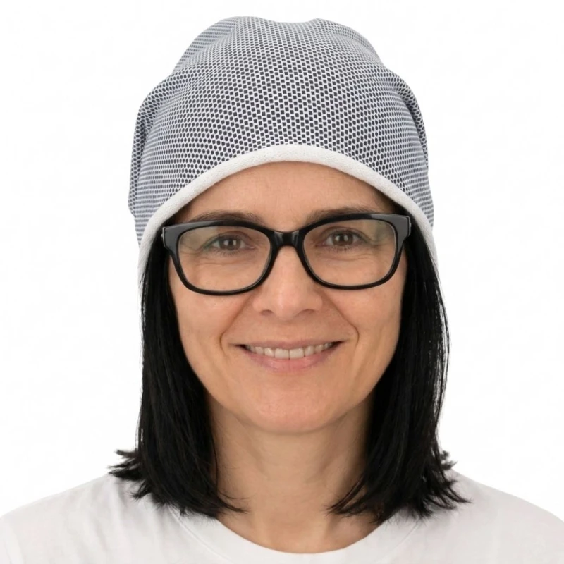 Czapka damska Beanie włoska cienka smerfetka jasnoszara w drobny wzór