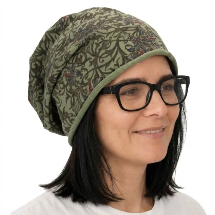 Czapka damska Beanie włoska cienka smerfetka zielona we wzory