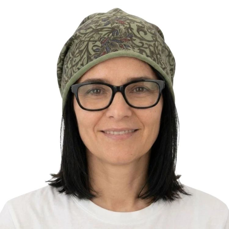 Czapka damska Beanie włoska cienka smerfetka zielona we wzory