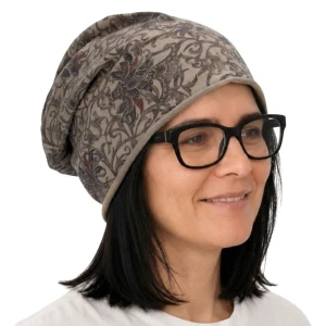Czapka damska Beanie włoska cienka smerfetka brązowa we wzory 