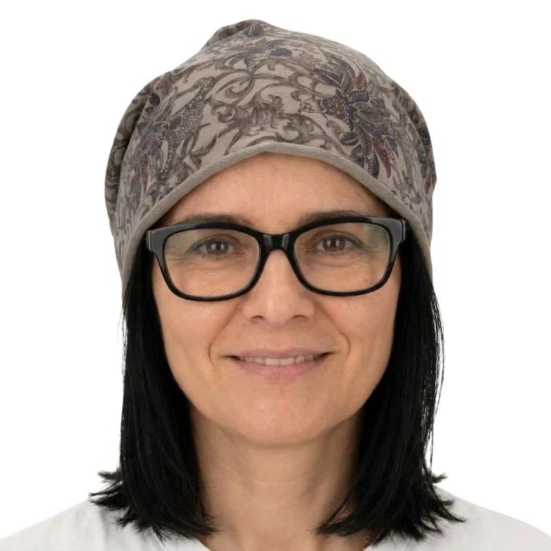 Czapka damska Beanie włoska cienka smerfetka brązowa we wzory