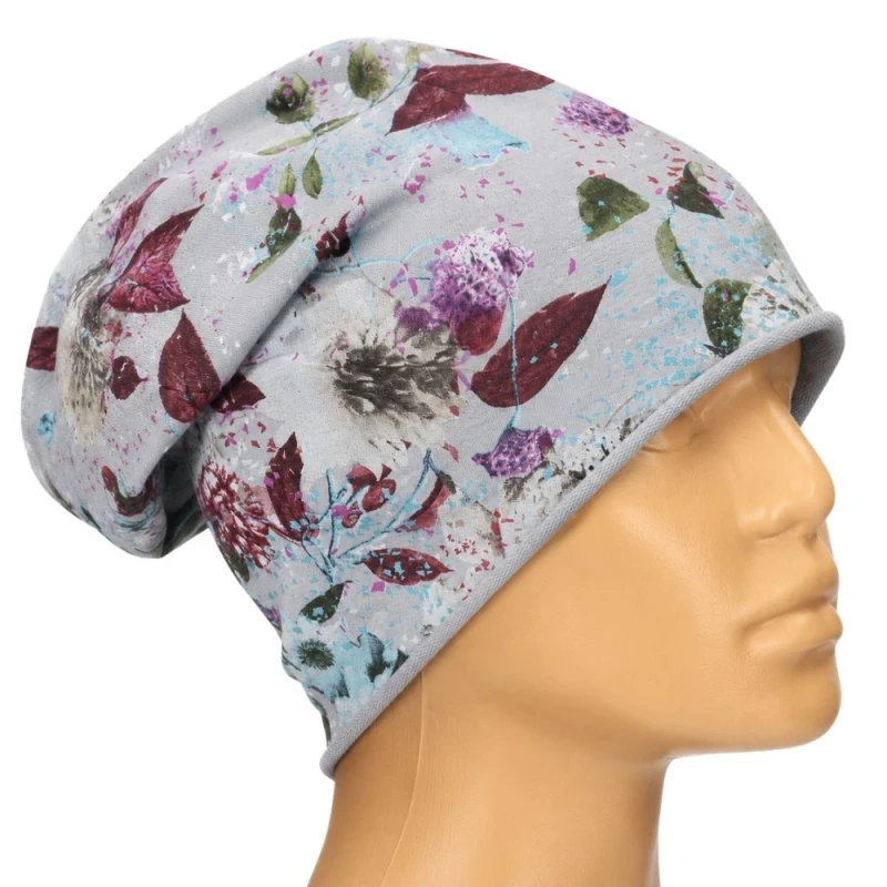 Czapka damska Beanie włoska cienka smerfetka szara w kolorowe kwiaty